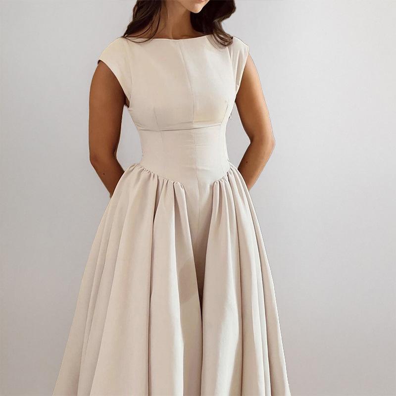 Weißes rückenfreies A-Linien-Maxikleid für Damen, Abendkleid, einfarbig, ausgeschnitten, ärmellos, hohe Taille, Club-Plisseekleid, elegant