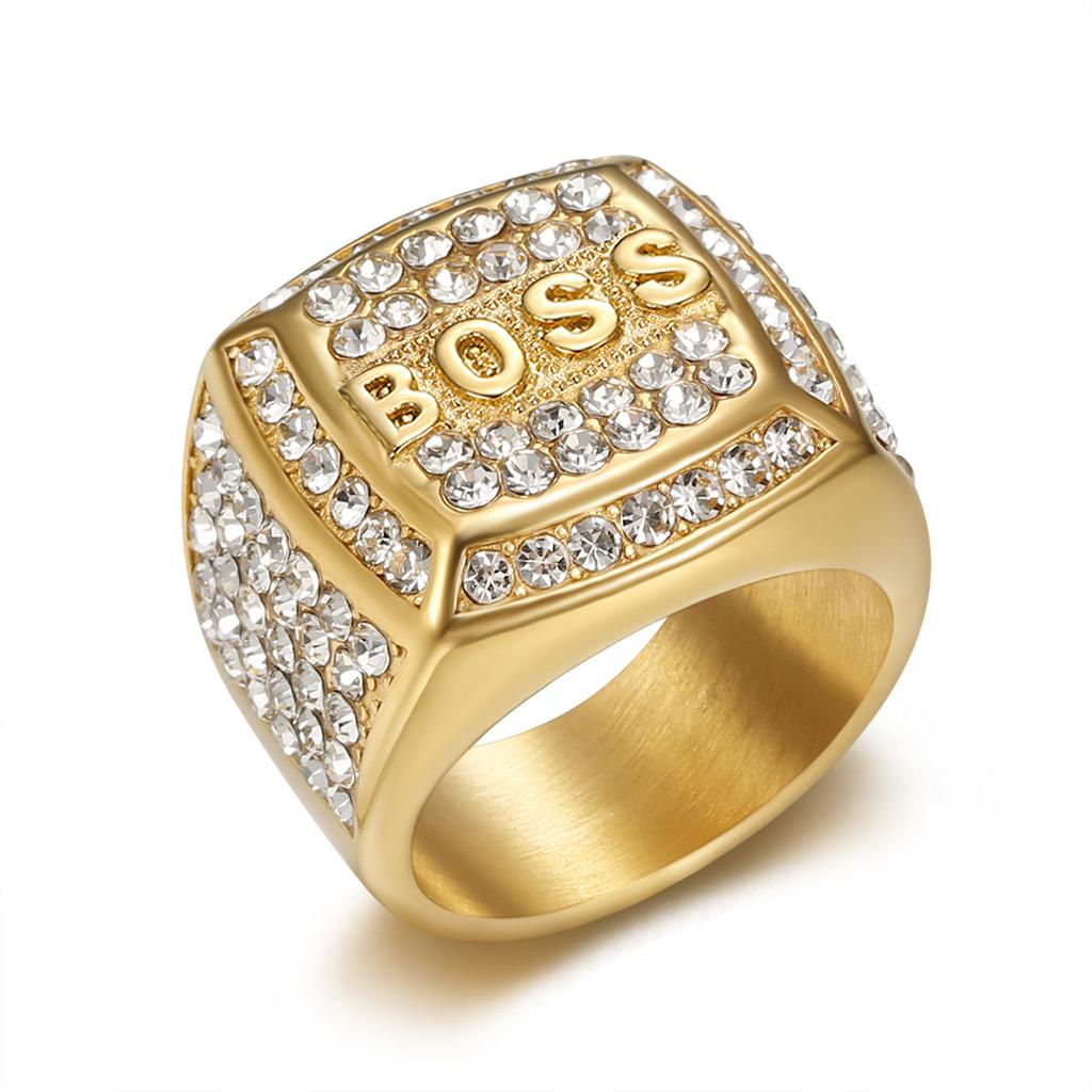 Ring ny hiphop-ring diamant firkantet BOSS-bokstav herrering