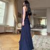 Elegant Deep Blue Wrap-Style Backless Maxi Dress With Ruched Shoulder Straps Slim Fit 2026