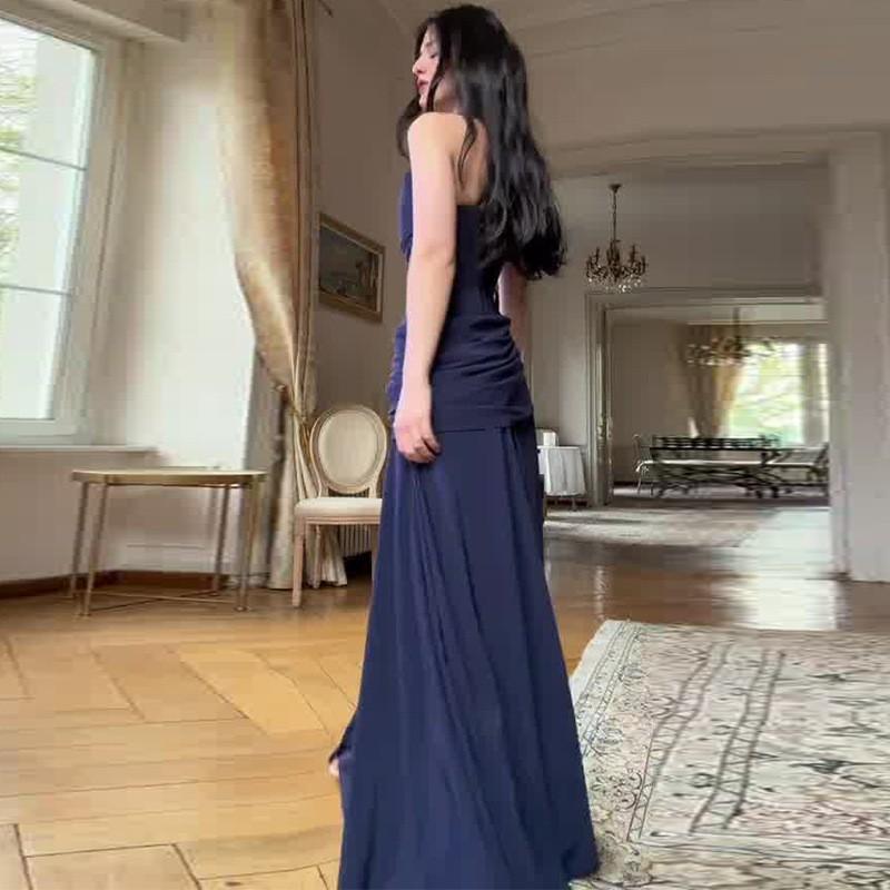 Elegant Deep Blue Wrap-Style Backless Maxi Dress With Ruched Shoulder Straps Slim Fit 2026