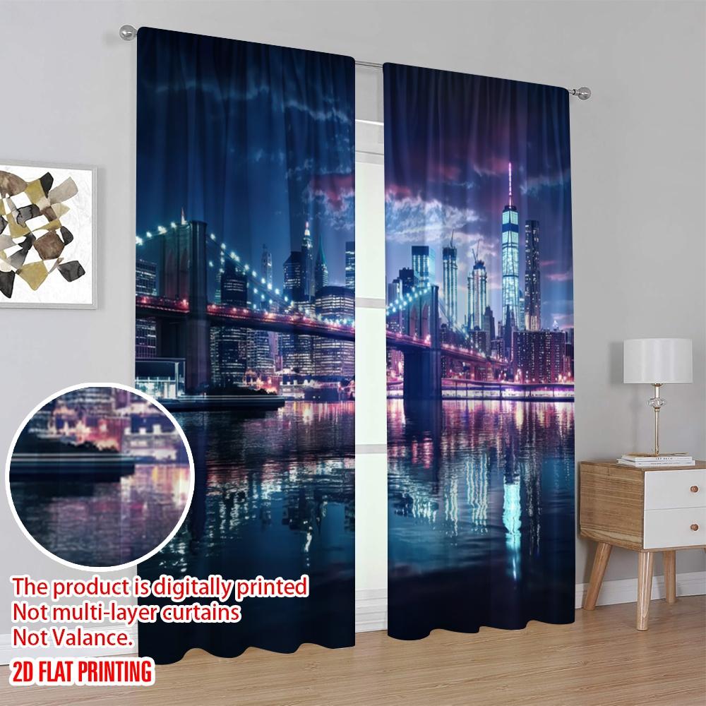2pcs,2D plane printing Window Curtain City Nightscape Polyester Fabric (without rod) All Seasons Perfect for Living Room &