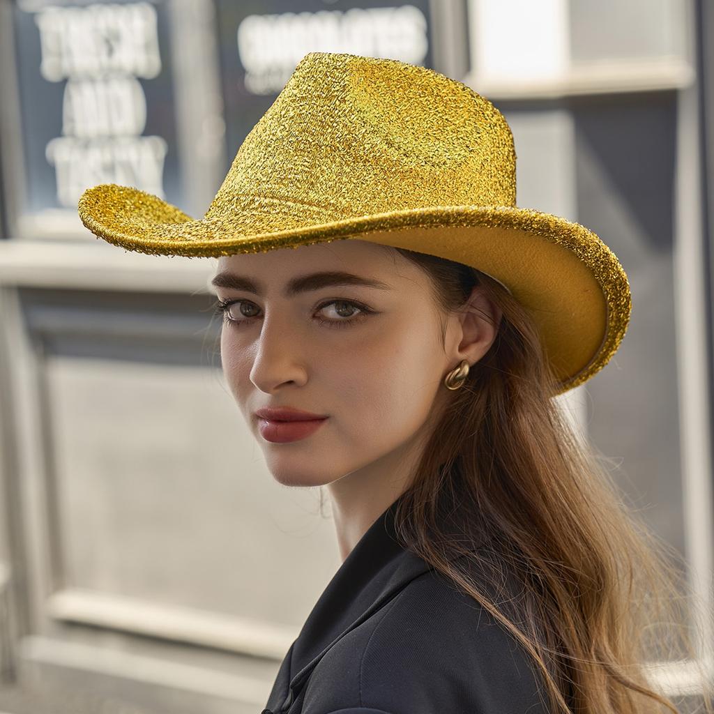 Glitzerndes Cowboyhut Unisex Westernstil Breiter Rand Fedora Hut für Party Festival Cosplay