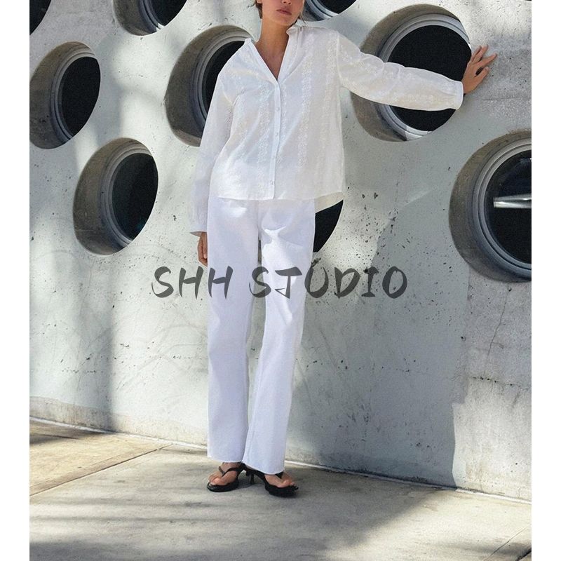 Spring New Women's Clothing Fashion Style Cut Out Embroider Fashion Minimalist Long Sleeve Lapel Shirt 8741027