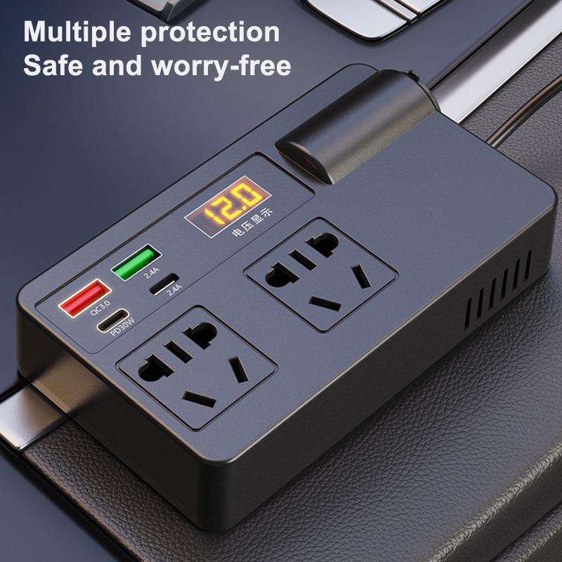 Auto-Wechselrichter 200W DC 12V/24V zu AC 220V Konverter Ein/Aus-Schalter QC 3.0 USB/PD/Type-C Ladegeräte Netzteil Spannungserkennung