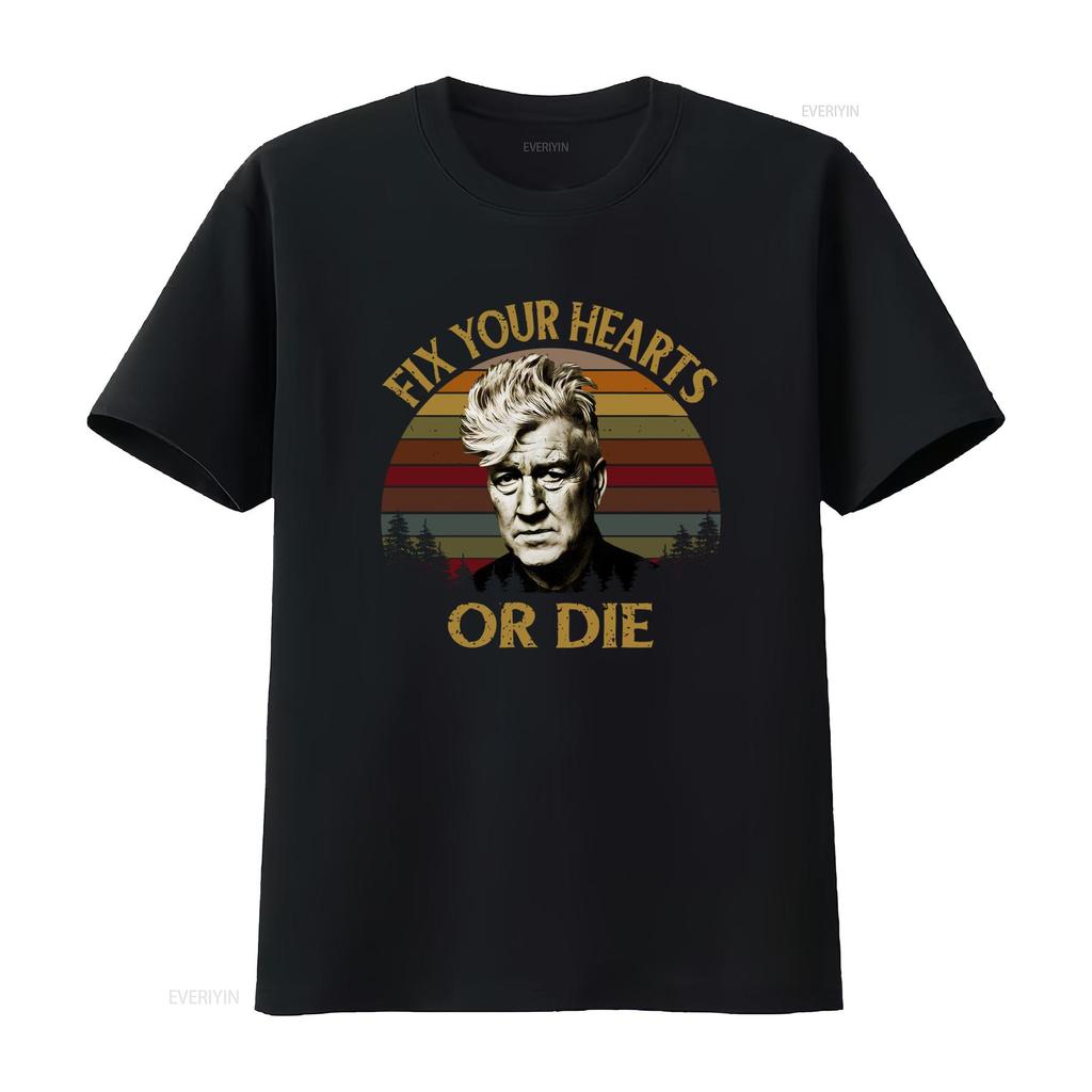 Retro David Lynch Fix Your Hearts Or Die Vintage T Shirt for Twin Peaks Fans vintage Washed homme Breathable