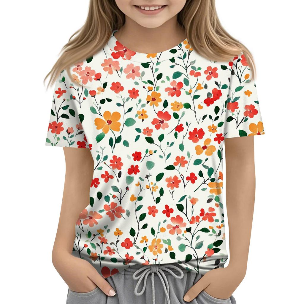 Summer Round Neck 3D Floral Printed Top Fashionable Casual Short Sleeved Children's Girl T-shirts