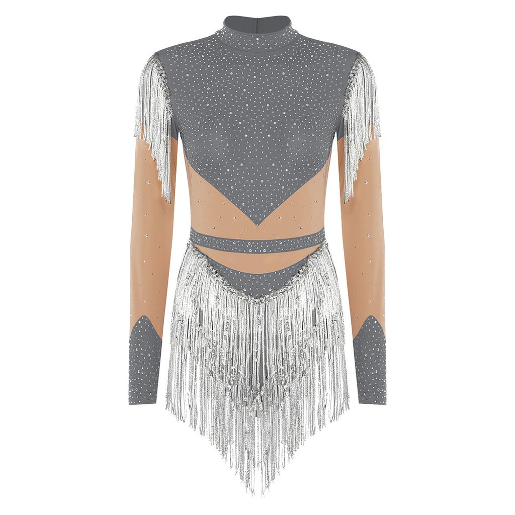 Maillot de patinage artistique pour femme à manches longues, body à paillettes et franges, entrejambe ouvrable, fermeture éclair dans le dos, combinaison de couleur contrastante avec strass