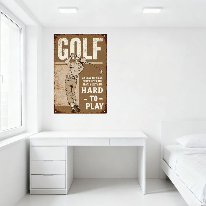 Vintage Golf Metal Sign Retro Golfer Mid-Swing Illustration Distressed 'GOLF' Word Weathered Rusty Tin Sign for Golf Themed Home