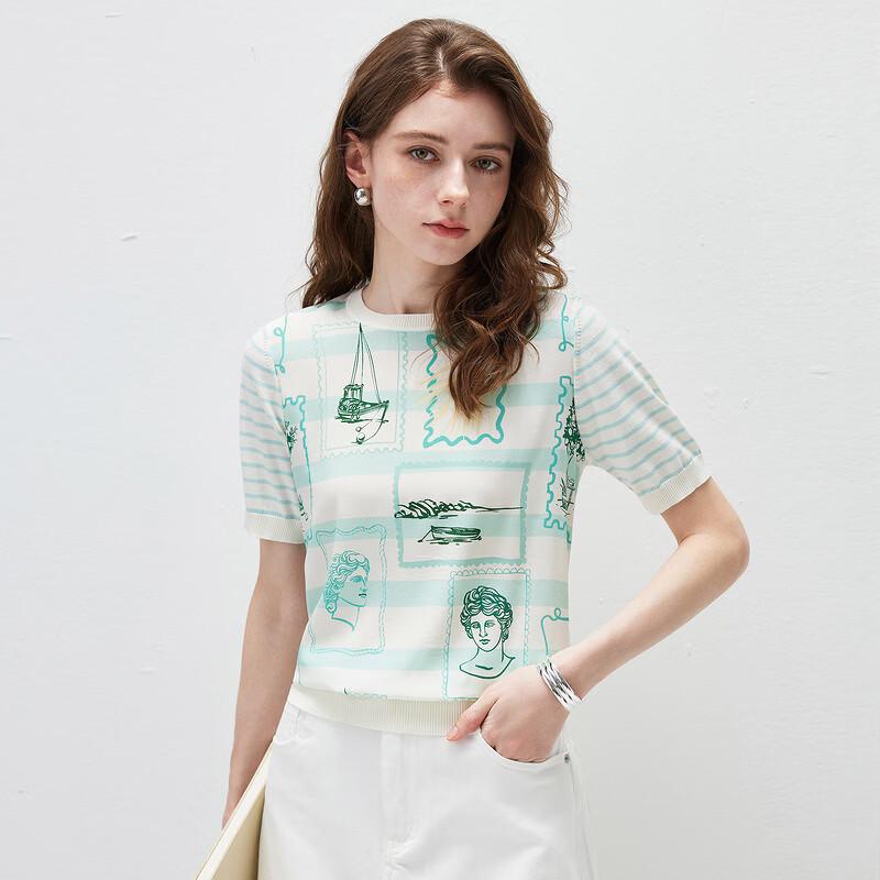 Komeng Boca Women's Mulberry Silk Blend Striped Short Sleeve T-Shirt