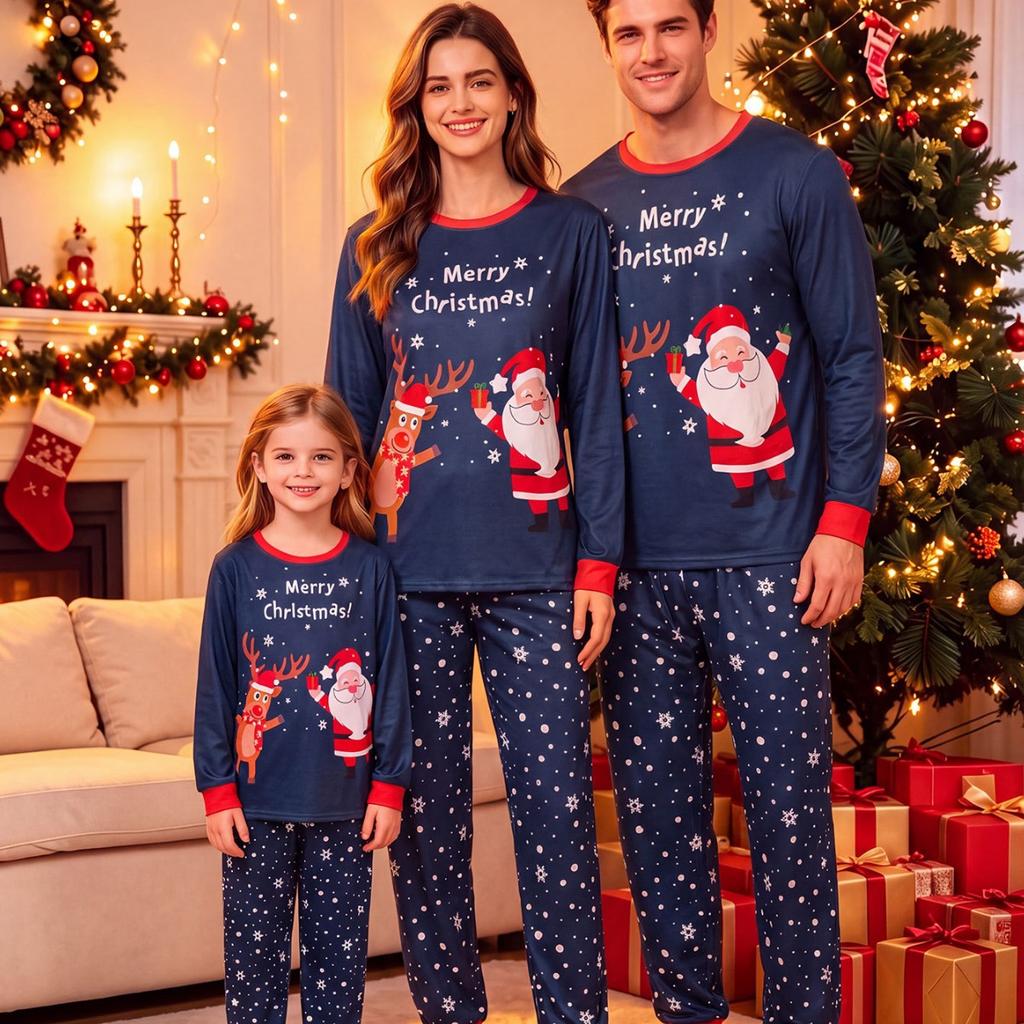 Family Matching Christmas Pajamas Set Round Neck Color Block Long Sleeve Top Pants Santa Reindeer Print Parent-child Home Sleepwear for Adults Kids