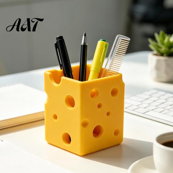 Modern Desk Decoration Creative 3D Printed Cheese Pen Holder, Cute Desktop Organizer, Plastic Stationery Holder Multifunctional Storage Ornament