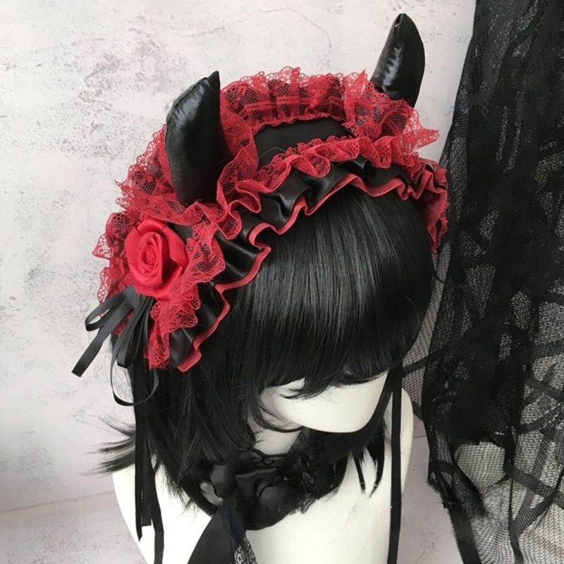 Devil Horn Headband Headpiece Gothic Lace Hairband Gothic Costume Accessories For Women Halloween Cosplay Music Festival
