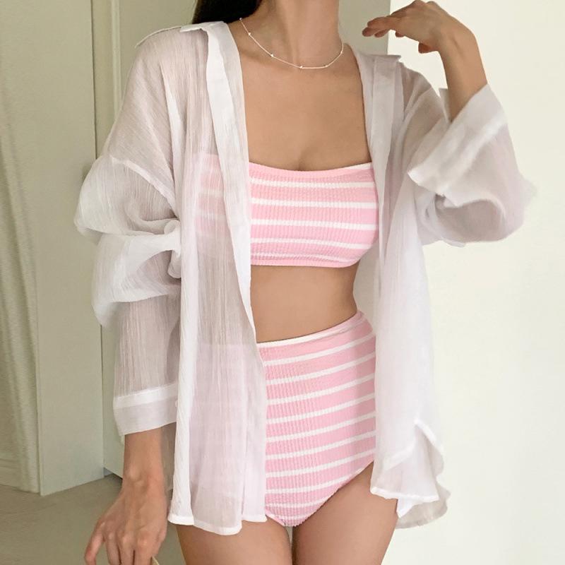 Women's Striped Double Strap High Waist Bikini - Perfect for Beach Vacations