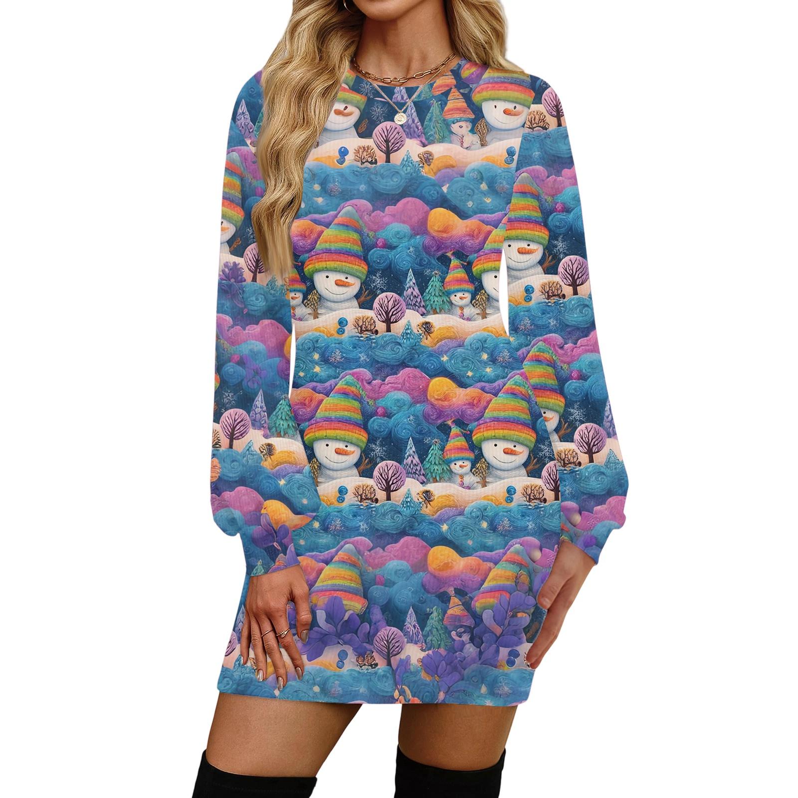 Women s Fashion Casual Christmas Print Round Neck Long Sleeve Dress L