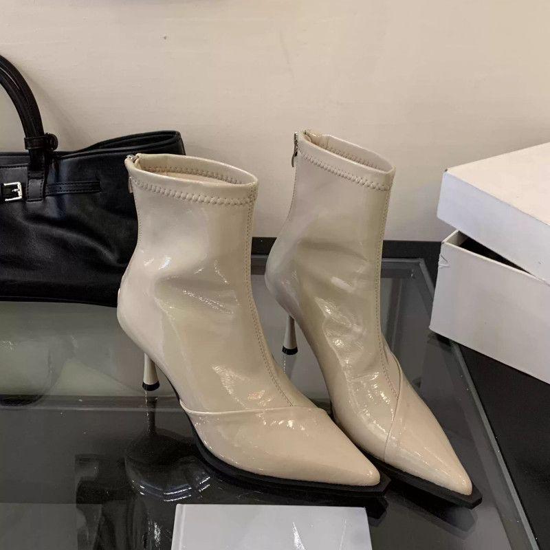 French Women's Stiletto Heel Black Patent Leather Ankle Boots - Elegant & Versatile for Autumn/Winter 2025