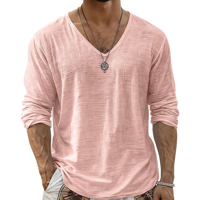 T-shirt da uomo a tinta unita con scollo a V e maniche lunghe