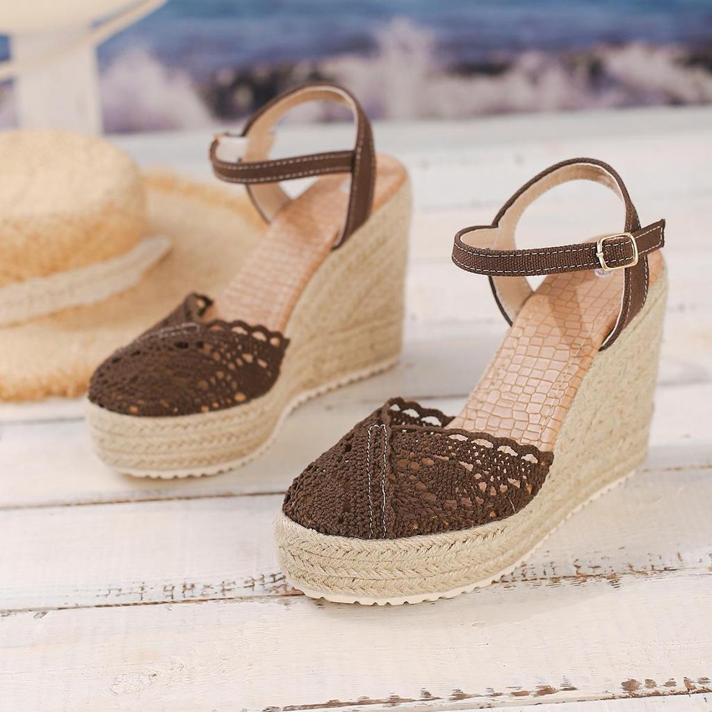 Women's Closed-Toe Wedge Sandals - Thick Sole, Waterproof Platform, Espadrille Style with Hemp Rope and Single Strap.
