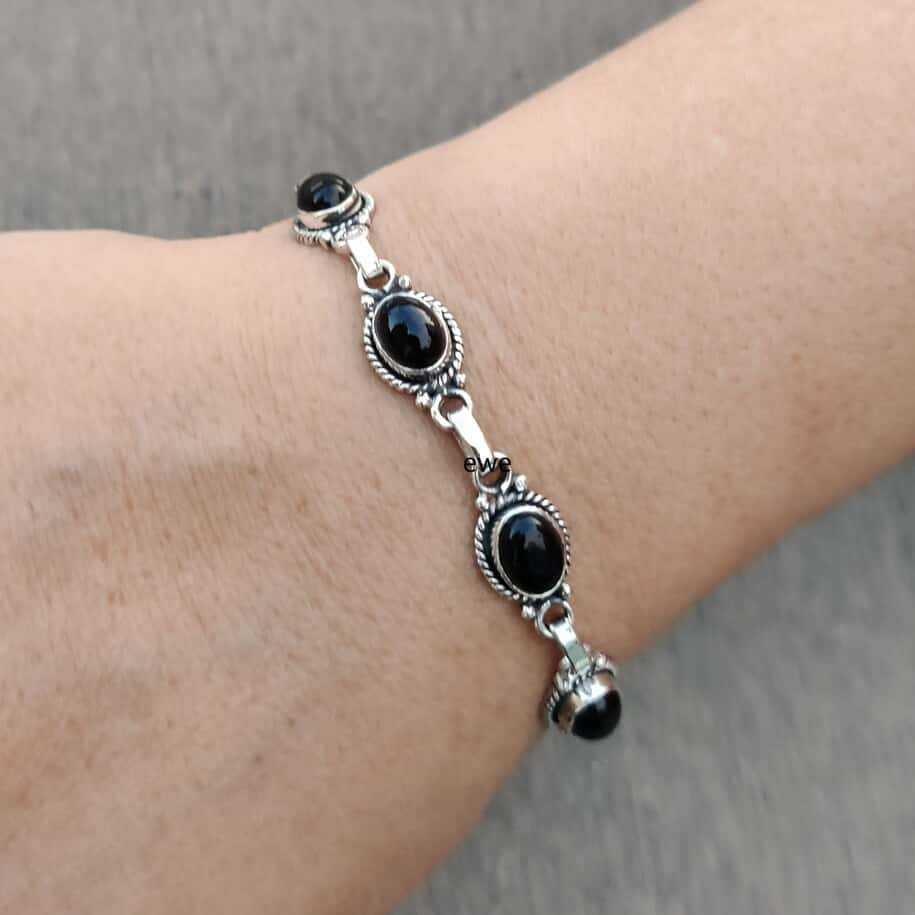 

Gothic Bohemian Silver Color Oval Gemstone Black Onyx Link Adjustable Bracelets for Women Men Ethnic Tribal Daily Wear Jewelry чорний
