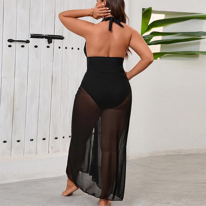 Sexy Badeanzug in Übergröße mit tiefem V-Ausschnitt, Netzstoff, und langem Rock-Set