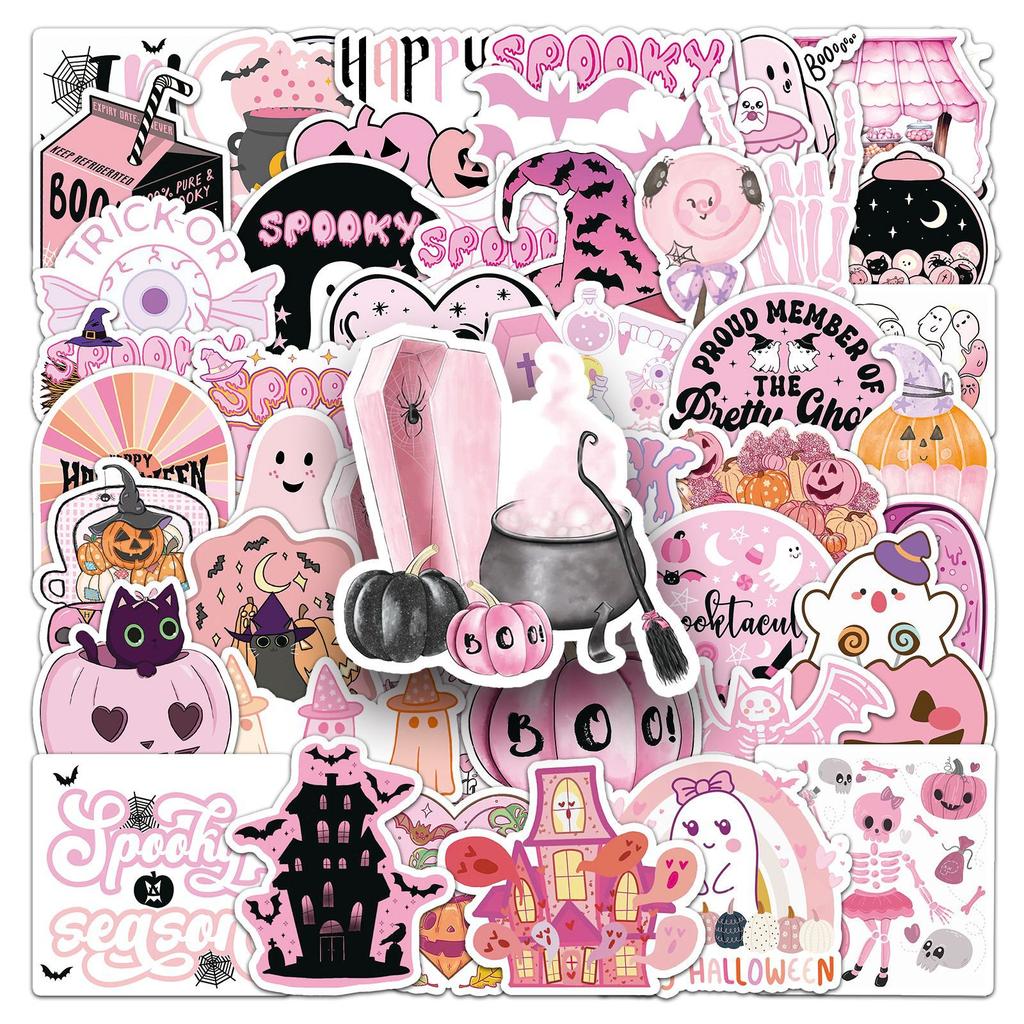 50 Pink Halloween Graffiti Stickers Personalized Cartoon Holiday Decoration Mobile Phone Case Water Cup Stickers