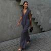 2025 Women's Solid Color Cotton V-neck Sleeveless Top & Long Pants Two-Piece Set – European and American Style