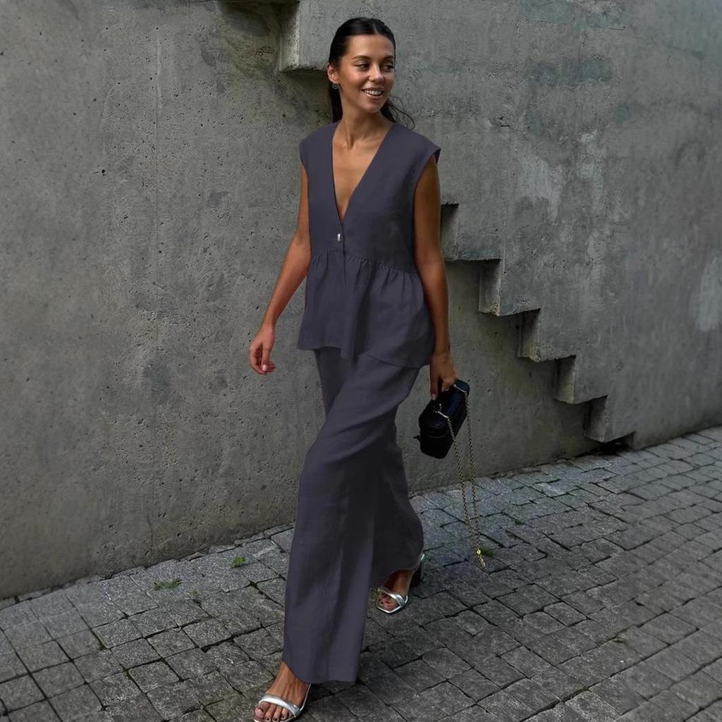 2025 Women's Solid Color Cotton V-neck Sleeveless Top & Long Pants Two-Piece Set – European and American Style