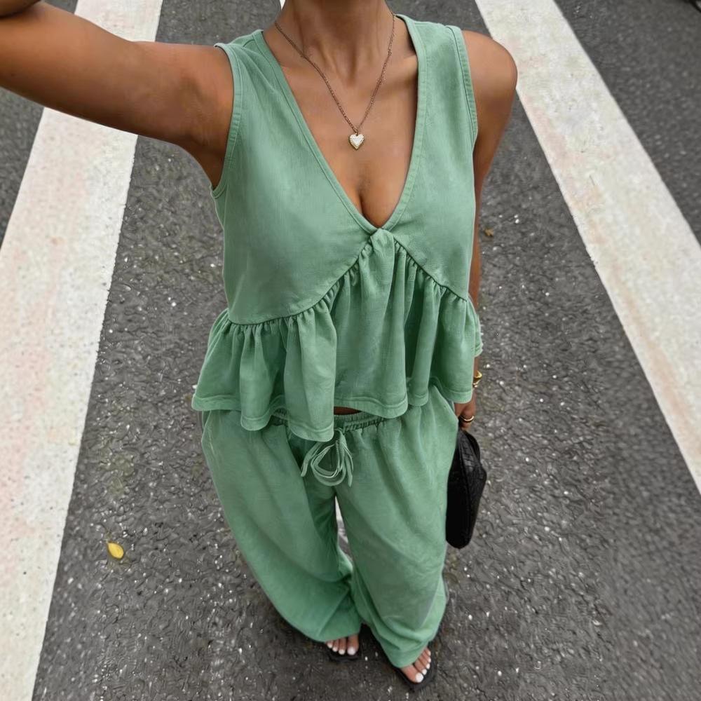 1116 European and American new women's clothing, casual V-neck pullover sleeveless plus trousers multi-color women's suit