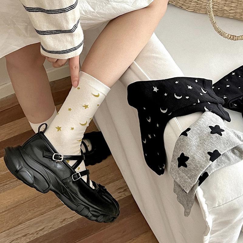 Star and Moon Polka Dot Socks for Women's Mid-calf In Autumn, Cute and Sweet Pile Socks, Trendy Long Socks