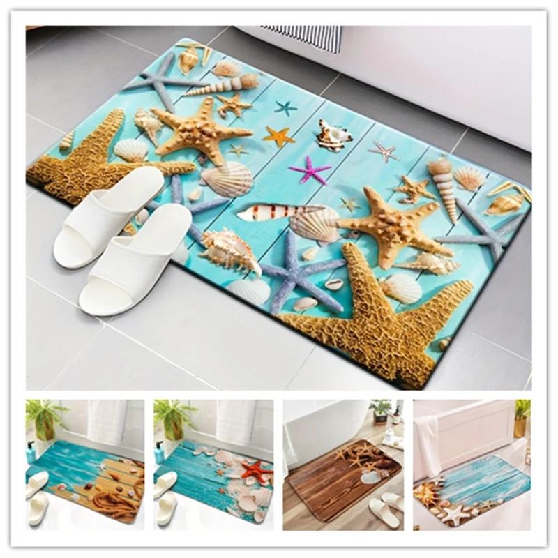 Sjöstjärnemönster Badmatta Träådringsmönster Matta för Badrum Superabsorberande Halkfri Toalettmatta Duschrum Inomhusdekor Dörrmatta