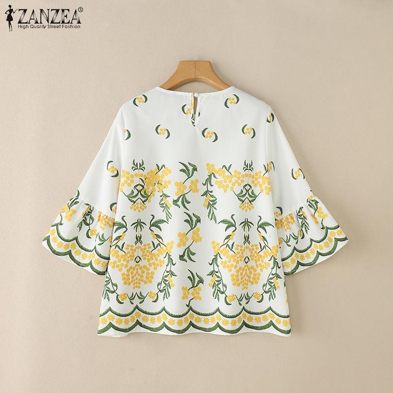 ZANZEA Women Casual Round Neck 3/4 Sleeve Floral Loose Blouse