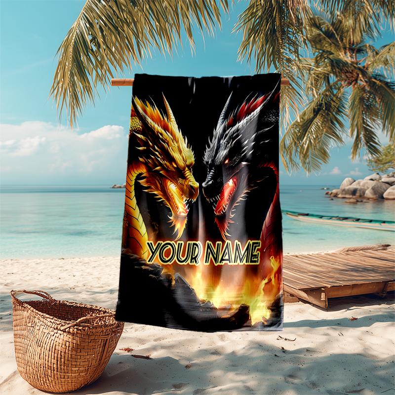 1PC Custom Name "Dragon Battle: Fire vs Ice" Beach Towel Highly Absorbent And Sand-Resistant Towel for Swimming, Pool, Yoga, And Travel Lightweight