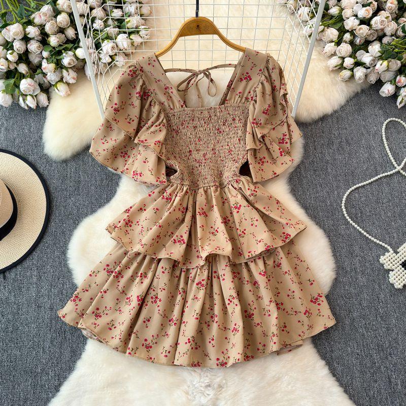 

Design Summer Ruffle Sleeve Retro Pleated Floral Skirt Khakis Print One size