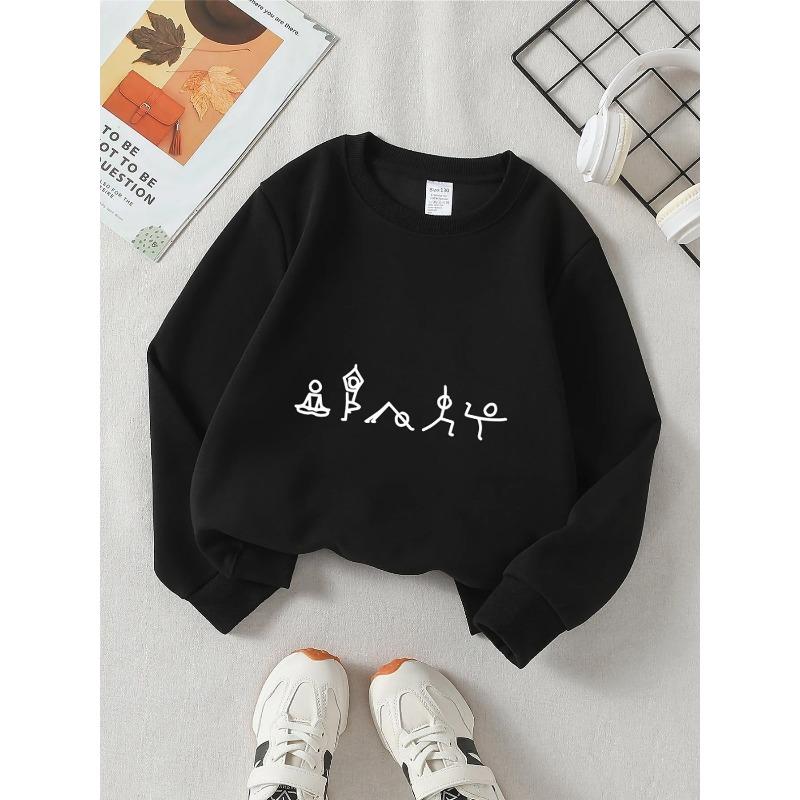 Kids Crewneck Sweatshirt, Yoga Stick Figure Graphic Print, Spring Autumn Casual Sport Tops