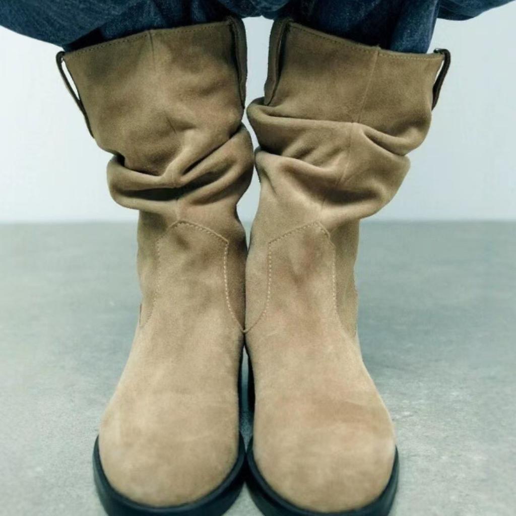 Vintage Maillard Round Head Western Cowboy Boots Thick Heel Thick Sole Medium Boots Women's Autumn and Winter Pile Pile Boots Women's Boots