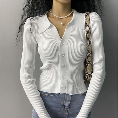 Polo Collar Women's Spring and Autumn Short Cardigan Long-sleeved V-neck Sweater Solid Color Slimming European Style Slimming Women's Wear