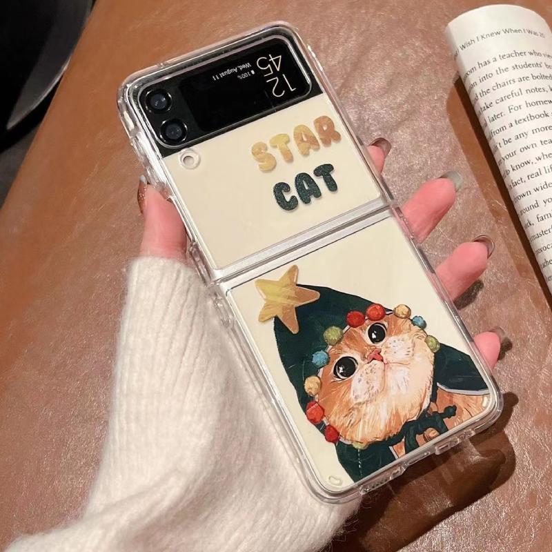 Animal Christmas Cat Phone Case For Samsung Galaxy Z Flip 6 ZFlip5 5G Transaprent Clear Cover For Samsung ZFlip4 Z Flip 3 Fundas