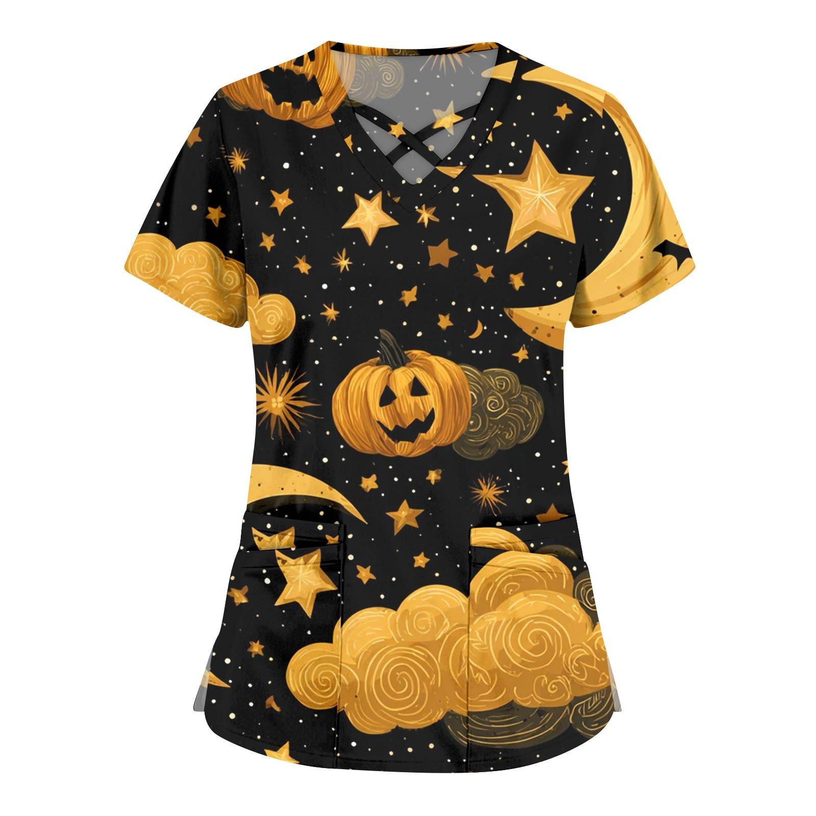 

Женская мода Комбинезоны с перекрестным V-образным вырезом и короткими рукавами Двойные карманы Топы с принтом на Хэллоуин Униформа XXXXXL жёлтый