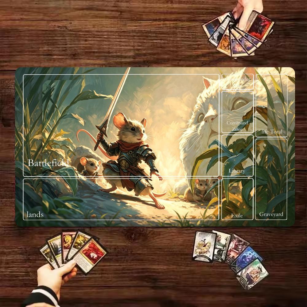Knight Mouse & White Cat Zoned MTG Commander Playmat Magic The Gathering DeskMat 600x350MM Non-Slip Rubber Trading Card Game Pad