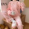 Lady Loungewear 2 Pcs/Set Women Winter Pajamas Set Round Neck Cartoon Bear And Peach Pattern Cozy Long Sleeve Coral Fleece Homewear Top Pants
