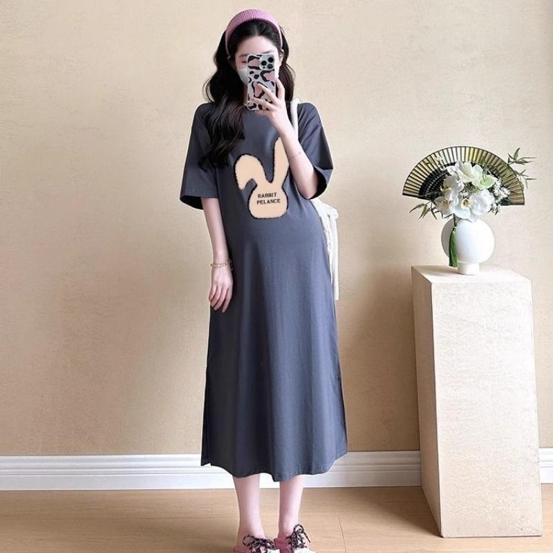 Summer Printed Round-neck Short-sleeved Loose and Fashionable T-shirt Dress for Pregnant Women