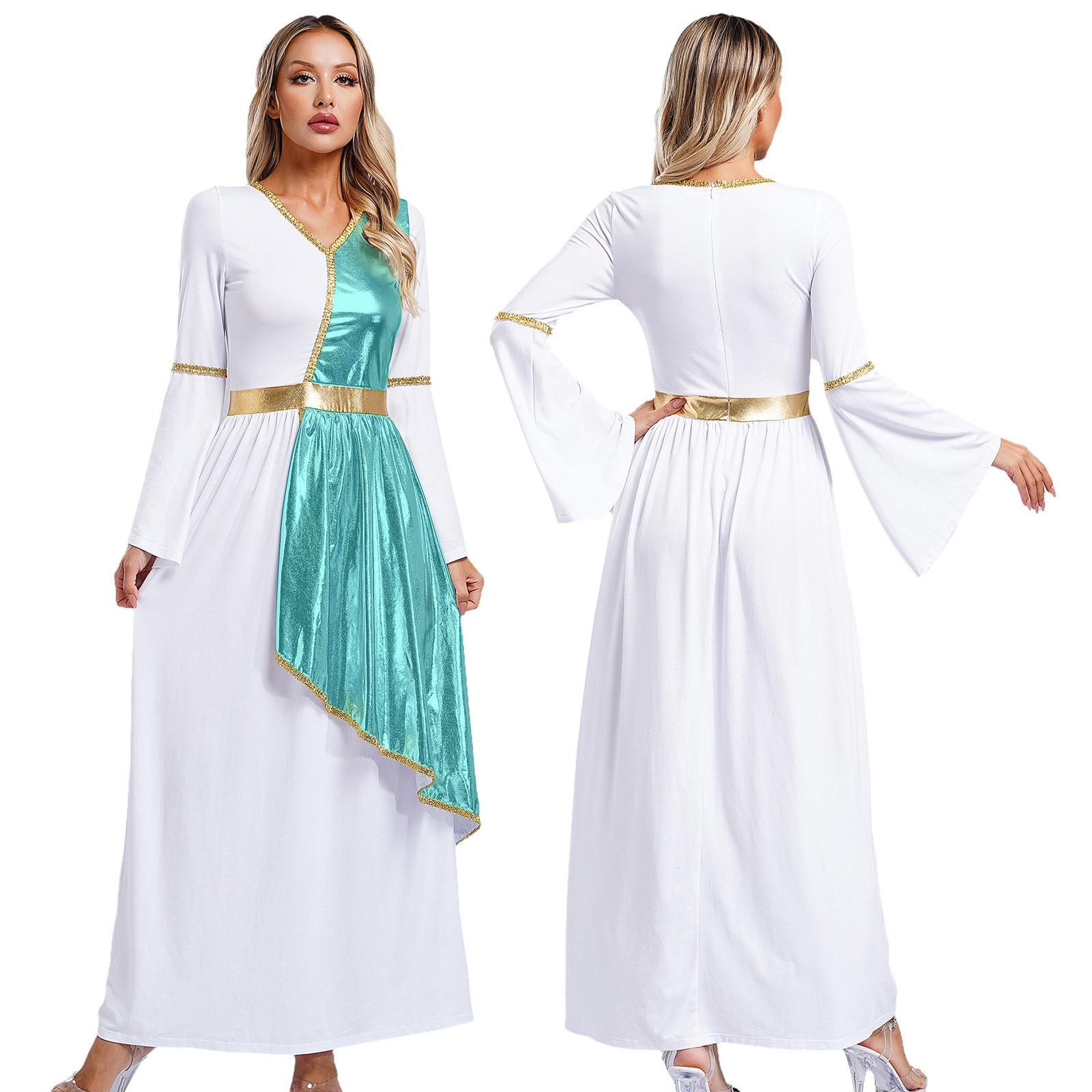 Costume da donna greco Afrodite Ninfa Halloween Cosplay Abito lungo a maniche lunghe con campana lucida Abito da preghiera per coro della chiesa S colore azzurro