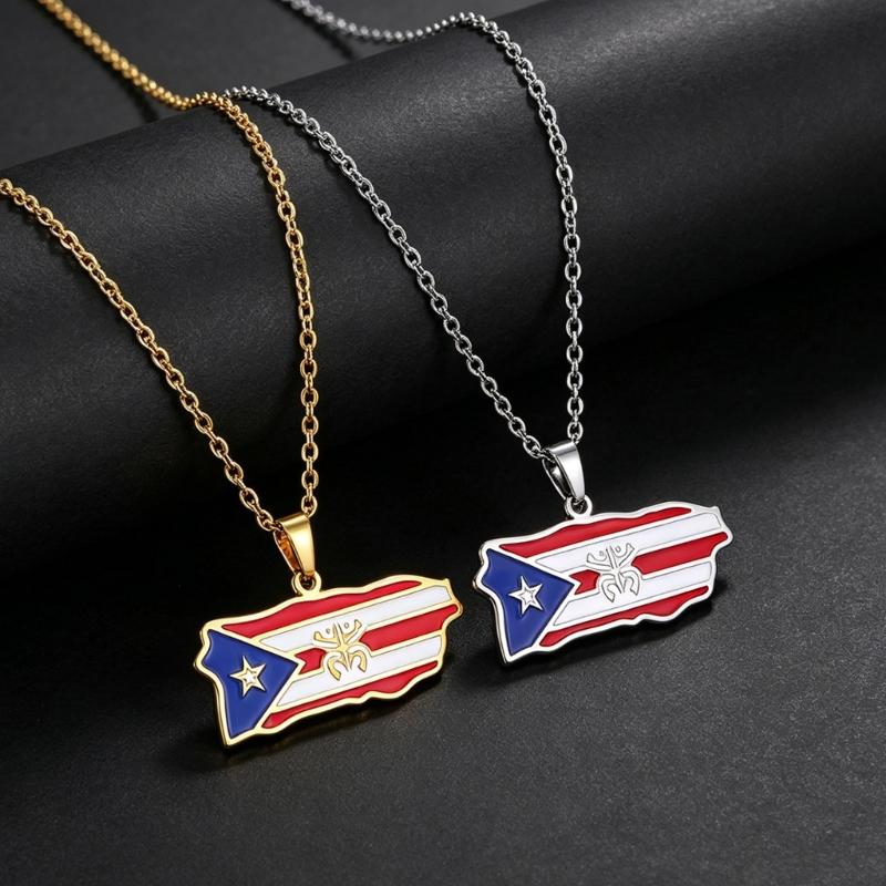 Puerto Rican Map Pendant Necklace with Enamel Style Charm and Polished Chain for Daily Wear, Parties and Gifts