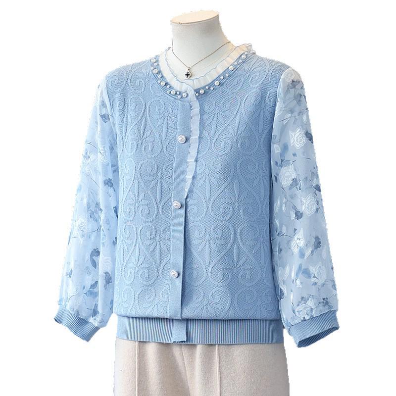 Elegant Spring Knit Top: Stylish Jacquard Seven-Sleeve Design for Moms, Perfect Base Layer for Middle-Aged and Elderly Women