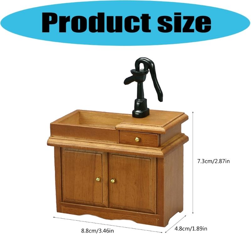 1/12 Miniature Sink Cabinet Wood Water Sink with Faucet And Storage Drawer For Doll House Kitchen Scene Decoration