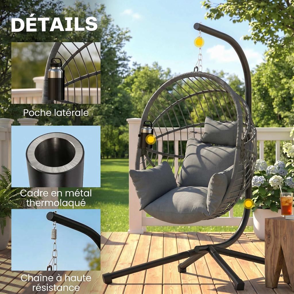 Hanging Egg Chair, Hammock Swing, Folding Basket, Padded Cushion, Grey