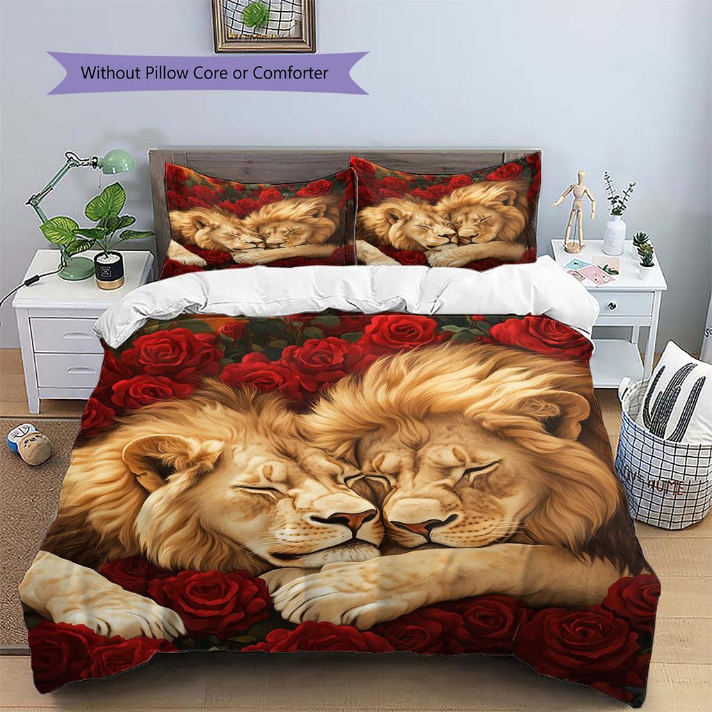 Lion and Rose Pattern Bedding Home Decoration Birthday Gift (1 * duvet cover + 2 * pillowcase, without core)