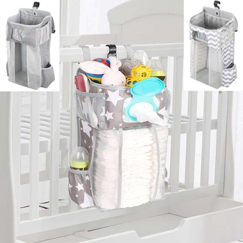 Gray Striped Baby Bedside Hanging Bag Ideal Storage Solution For Nursery
