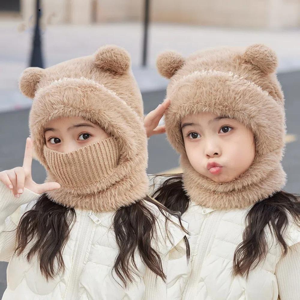 Neuer warmer Schal Maske Integrierte Mütze Bommel Winddicht Überziehmütze Kältefest Ohrenschutz Mütze Kinder
