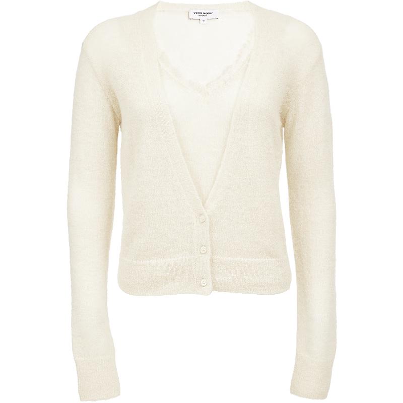 VEROMODA Women's Faux Two-Piece V-Neck Knit Sweater with Lace Trim