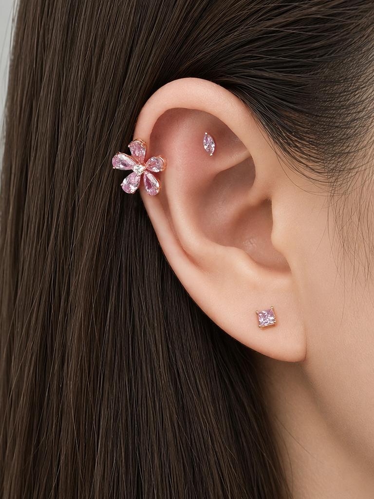 Minimalpiercing 14K Big Flower Color Cubic Piercing Earrings